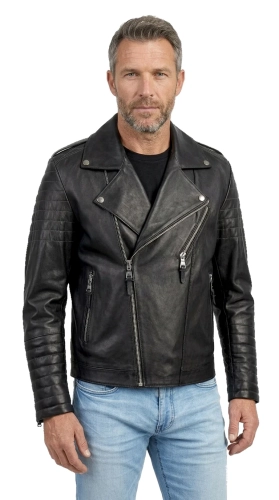 LEO950N - Czarna Skórzana Ramoneska Męska ze skóry owczej DORJAN
