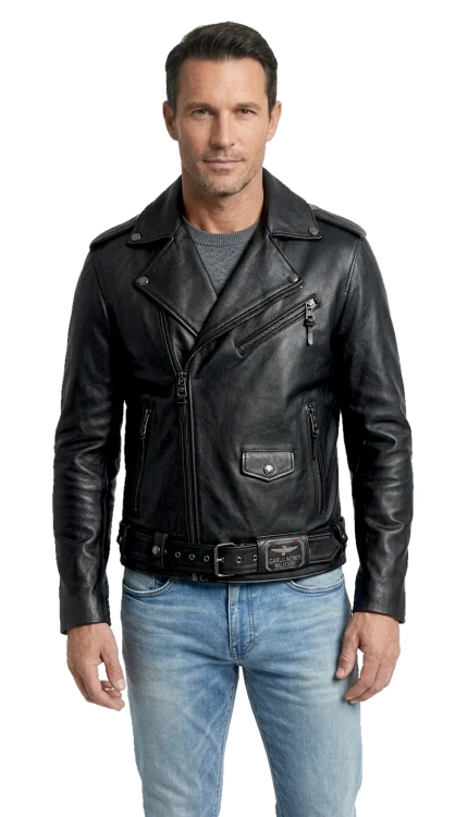 LECH950T - Czarna ramoneska skórzana męska z naturalnej skóry DORJAN