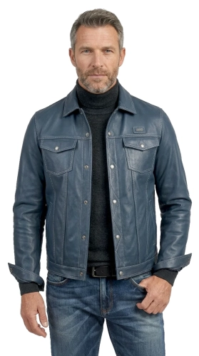 KTM074 - Kurtka skórzana męska jak katana jeansowa z niebieskiej skóry DORJAN