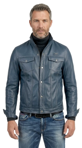 KTM074 - Kurtka skórzana męska jak katana jeansowa z niebieskiej skóry DORJAN