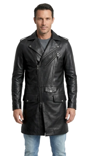 KRI450 - Czarny płaszcz skórzany męski w stylu ramoneski z klasycznymi klapami DORJAN