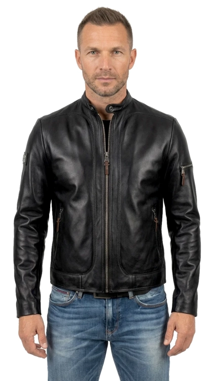 KEN451 - Męska kurtka skórzana typu biker z czarnej skóry owczej DORJAN