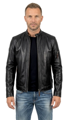 KEN451 - Męska kurtka skórzana typu biker z czarnej skóry owczej DORJAN
