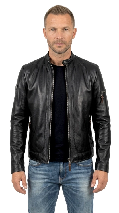 KEN451 - Męska kurtka skórzana typu biker z czarnej skóry owczej DORJAN