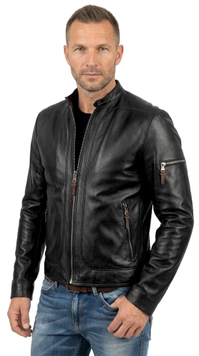 KEN451 -Męska kurtka skórzana typu biker z czarnej skóry owczej DORJAN