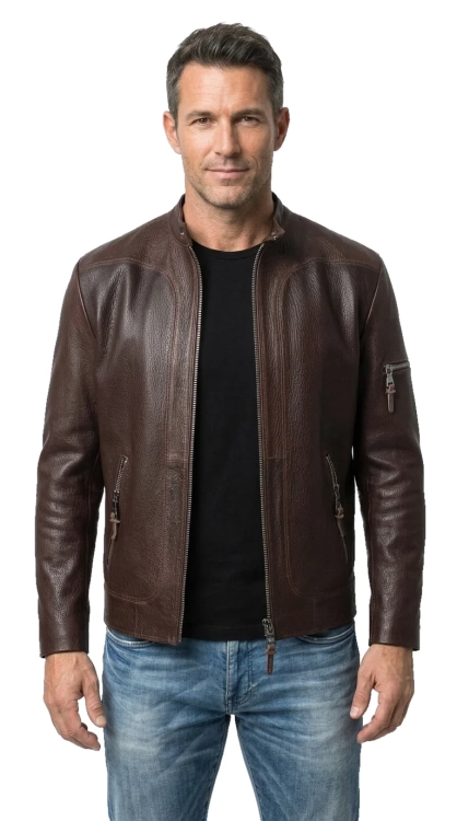 KEN126 - Ciemnobrązowa kurtka męska typu biker ze skóry PREMIUM DORJAN