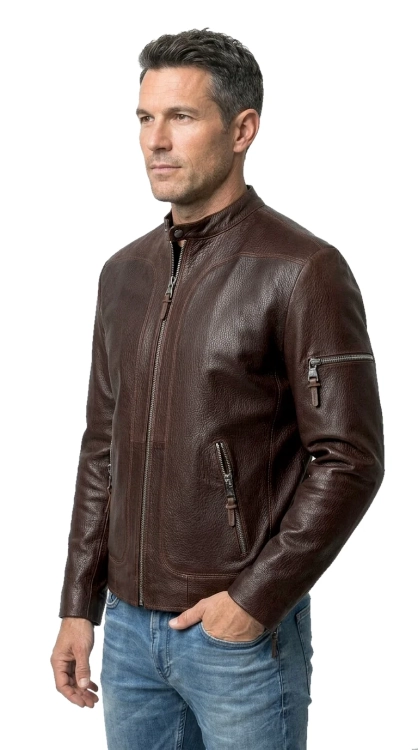 KEN126 - Ciemnobrązowa kurtka męska typu biker ze skóry PREMIUM DORJAN