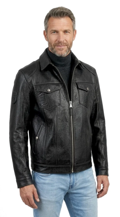 KCR951S - Czarna katana męska z czarnej skóry naturalnej Premium DORJAN