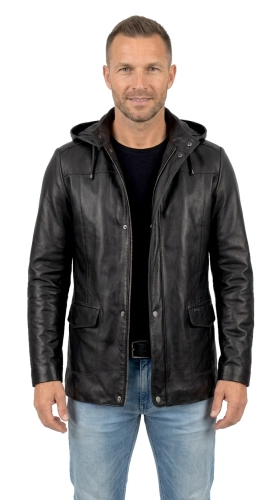 FLX450 - Czarna kurtka skórzana męska przejściowa z kapturem DORJAN
