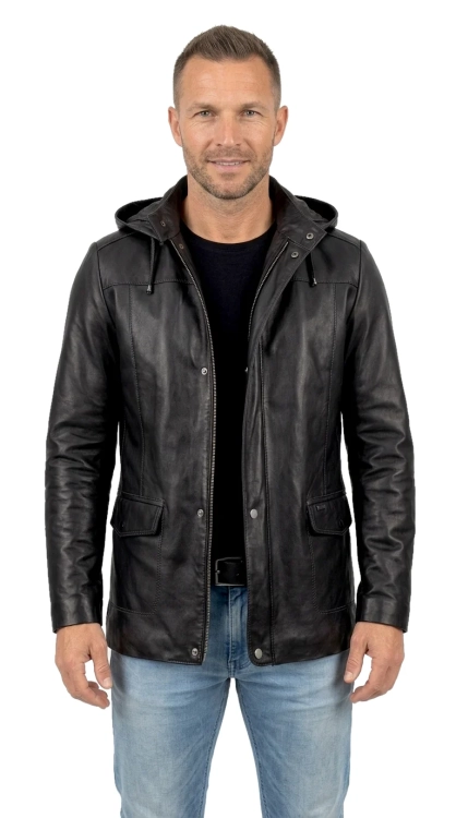 FLX450 - Czarna kurtka skórzana męska przejściowa z kapturem DORJAN