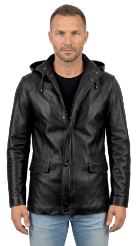 FLX450 - Czarna kurtka skórzana męska przejściowa z kapturem DORJAN