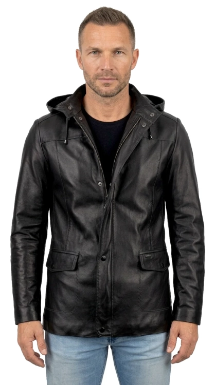 FLX450 - Czarna kurtka skórzana męska przejściowa z kapturem DORJAN