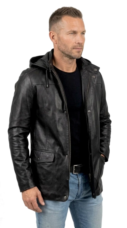 FLX450 - Czarna kurtka skórzana męska przejściowa z kapturem DORJAN