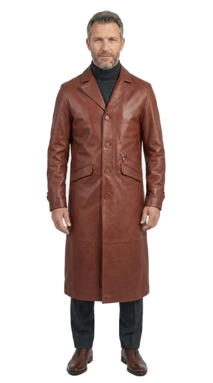 ERKL122 - Długi płaszcz skórzany męski z brązowej skóry naturalnej DORJAN