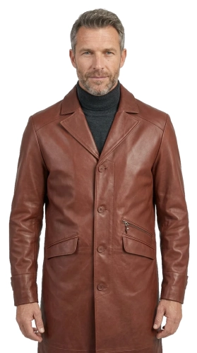 ERKL122 - Długi płaszcz skórzany męski z brązowej skóry naturalnej DORJAN