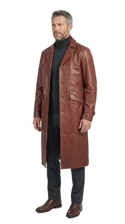 ERKL122 - Długi płaszcz skórzany męski z brązowej skóry naturalnej DORJAN