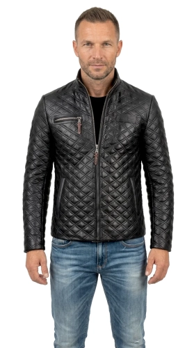 ARM450_3 - Pikowana kurtka skórzana męska z czarnej skóry naturalnej DORJAN