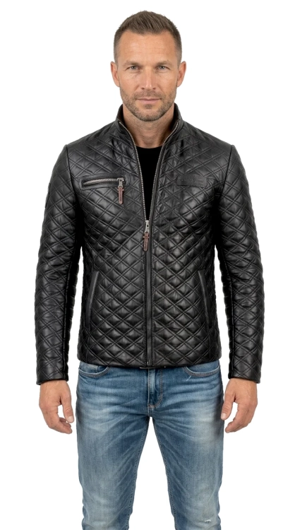 ARM450_3 - Pikowana kurtka skórzana męska z czarnej skóry naturalnej DORJAN