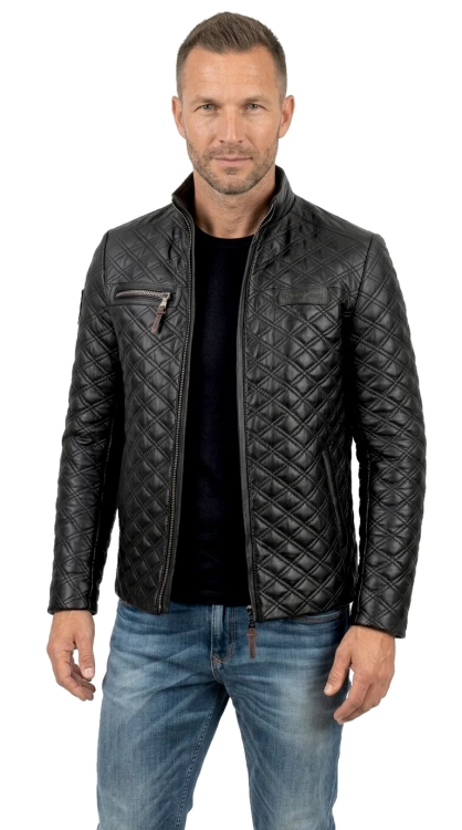 ARM450_3 - Pikowana kurtka skórzana męska z czarnej skóry naturalnej DORJAN