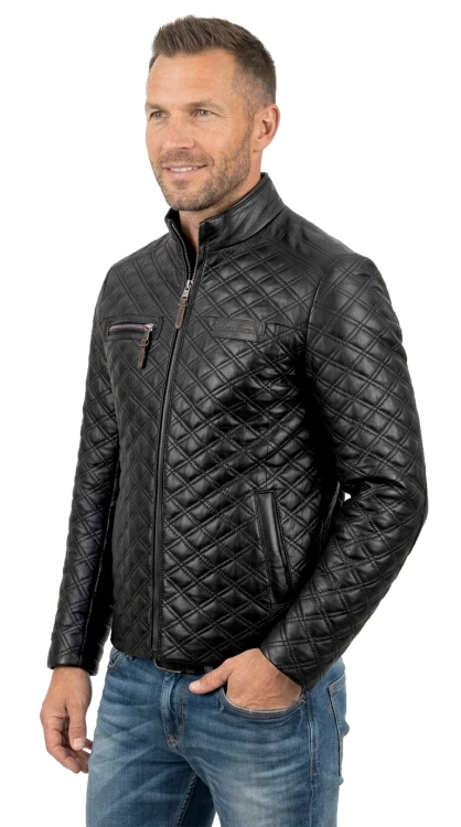 ARM450_3 - Pikowana kurtka skórzana męska z czarnej skóry naturalnej DORJAN