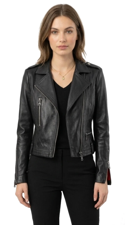 AUR450 - Ramoneska skórzana damska z czerwoną podszewką DORJAN