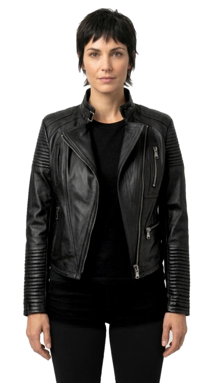 ELI450 - Damska ramoneska skórzana typu biker z czarnej skóry DORJAN