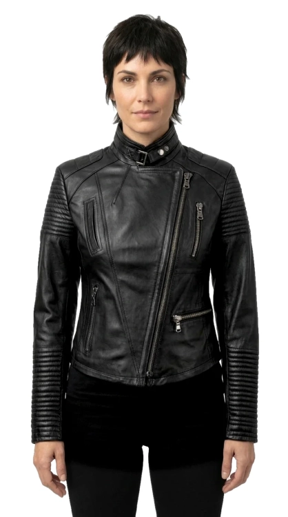 ELI450 - Damska ramoneska skórzana typu biker z czarnej skóry DORJAN