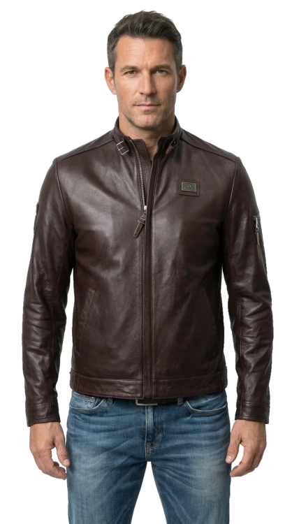 RAFA124A - Kurtka skórzana męska w kolorze gorzkiej czekolady DORJAN