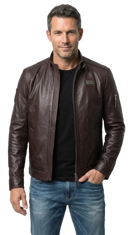 RAFA124A - Kurtka skórzana męska w kolorze gorzkiej czekolady DORJAN