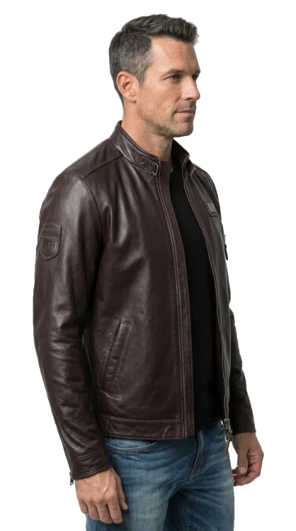 RAFA124A - Kurtka skórzana męska w kolorze gorzkiej czekolady DORJAN
