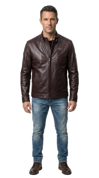 RAFA124A - Kurtka skórzana męska w kolorze gorzkiej czekolady DORJAN