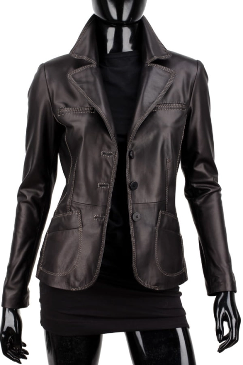 ADA450_1 - damska marynarka skórzana z kontrastowymi nićmi DORJAN