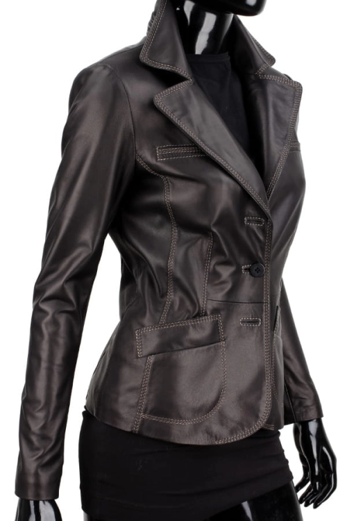 ADA450_1 - damska marynarka skórzana z kontrastowymi nićmi z klasycznymi klapami DORJAN