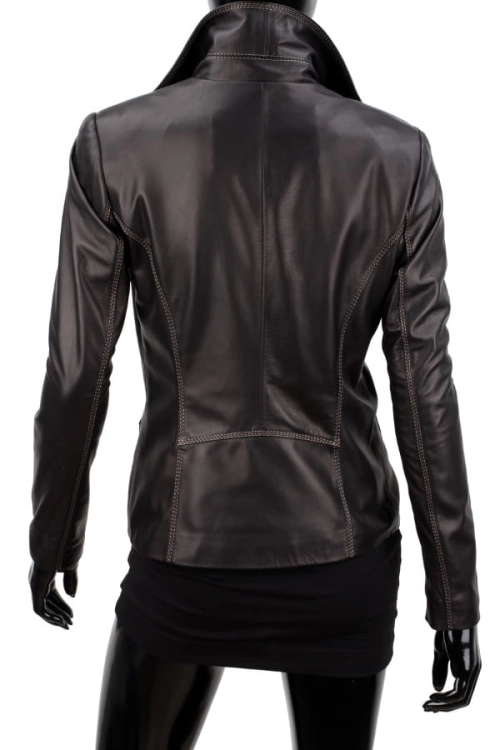 ADA450_1 - damska marynarka skórzana z kontrastowymi nićmi / dopasowana / z wysokim kołnierzem / DORJAN