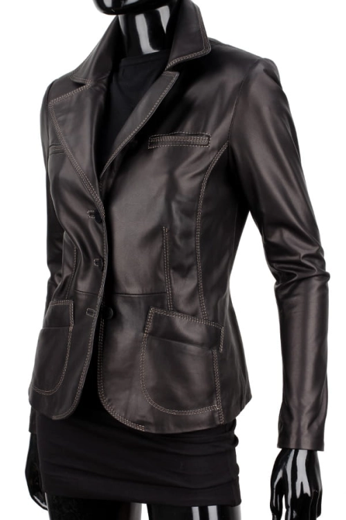 ADA450_1 - damska marynarka skórzana z kontrastowymi nićmi z kieszeniami i wysokim kołnierzem DORJAN