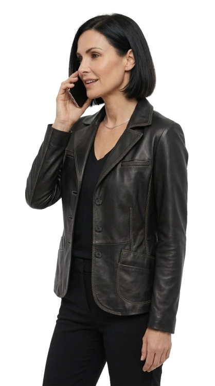 ADA450_1 - Damska marynarka skórzana przeszyta kontrastowymi nićmi DORJAN