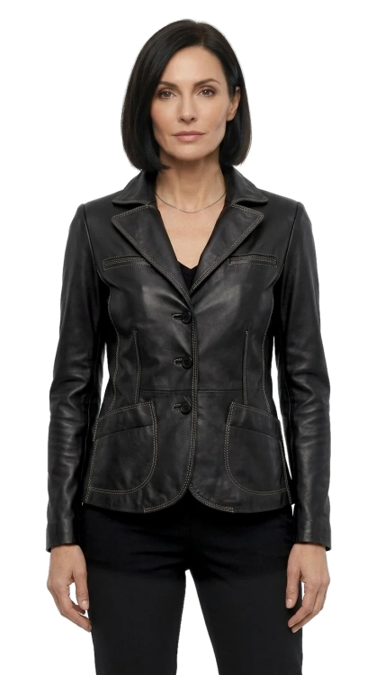 ADA450_1 - Damska marynarka skórzana przeszyta kontrastowymi nićmi DORJAN