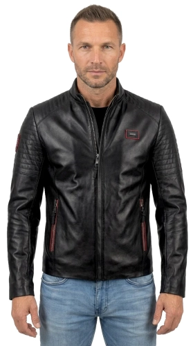 VIT451 - czarna kurtka skórzana męska z czerwonymi dodatkami DORJAN