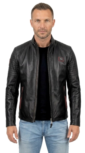 VIT451 - czarna kurtka skórzana męska z czerwonymi dodatkami DORJAN