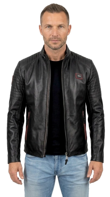 VIT451 - czarna kurtka skórzana męska z czerwonymi dodatkami DORJAN