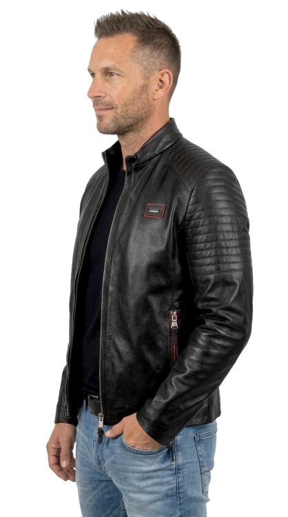 VIT451 - czarna kurtka skórzana męska z czerwonymi dodatkami DORJAN