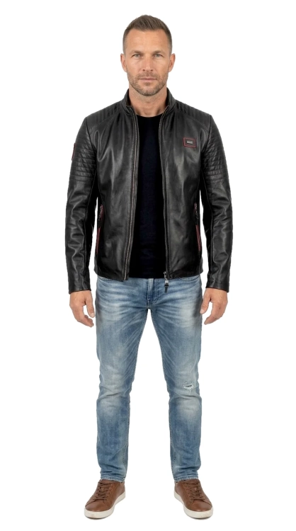 VIT451 - czarna kurtka skórzana męska z czerwonymi dodatkami DORJAN