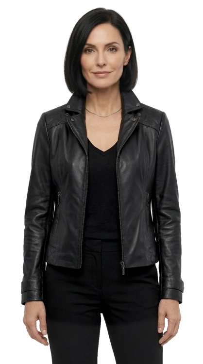 ANI450 - Kurtka skórzana damska w typie ramoneski z czarnej skóry DORJAN