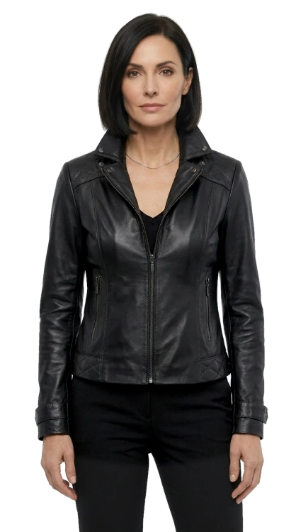 ANI450 - Kurtka skórzana damska w typie ramoneski z czarnej skóry DORJAN