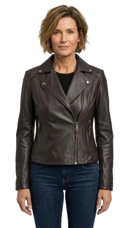 ANR124 - Damska ramoneska skórzana z brązowej skóry owczej DORJAN