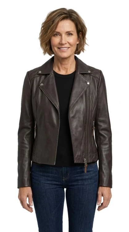 ANR124 - Damska ramoneska skórzana z brązowej skóry owczej DORJAN