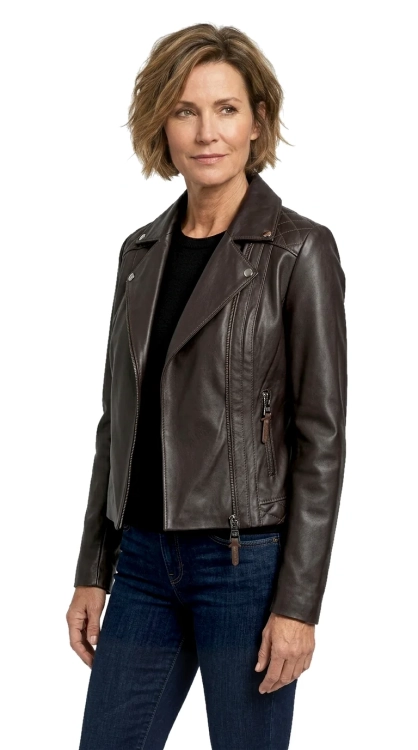 ANR124 - Damska ramoneska skórzana z brązowej skóry owczej DORJAN