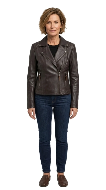 ANR124 - Damska ramoneska skórzana z brązowej skóry owczej DORJAN