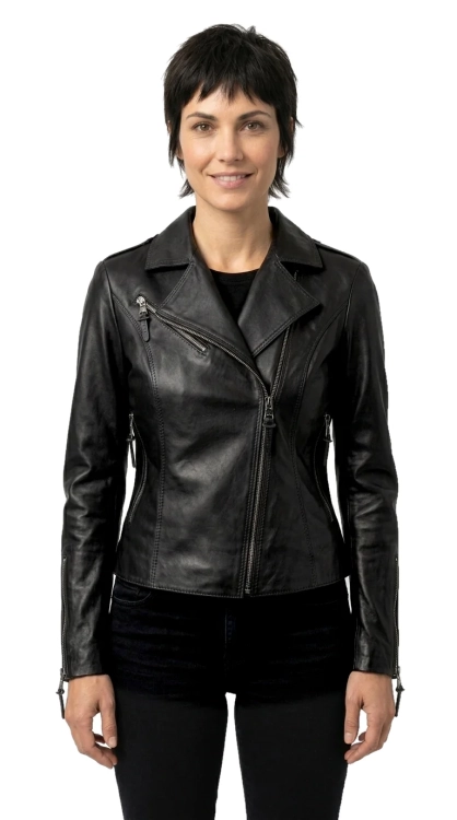 AUR450D - Ramoneska skórzana damska z czarnej skóry owczej DORJAN