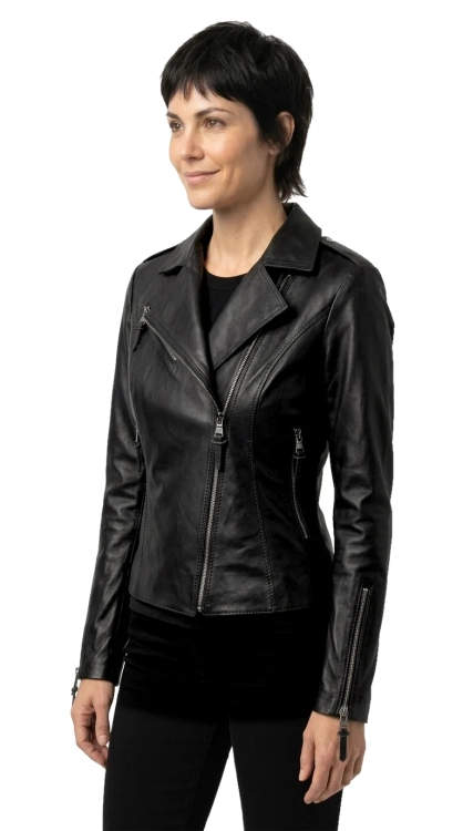 AUR450D - Ramoneska skórzana damska z czarnej skóry owczej DORJAN